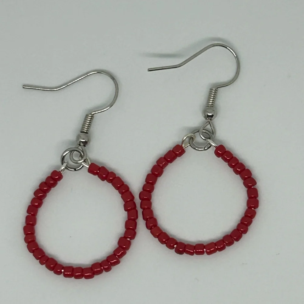 Small beaded hoop earrings red seed bead earrings handmade